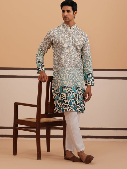 Men’s Printed Kurta Pyjama with Embroidered Detailing (65KP P 5349 Blue ) [FF] [Q-12-13]