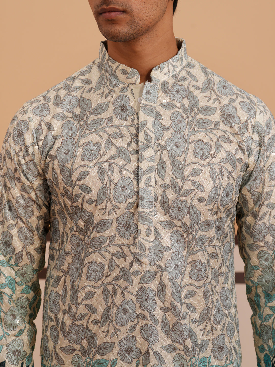 Men’s Printed Kurta Pyjama with Embroidered Detailing (65KP P 5349 Blue ) [FF] [Q-12-13]