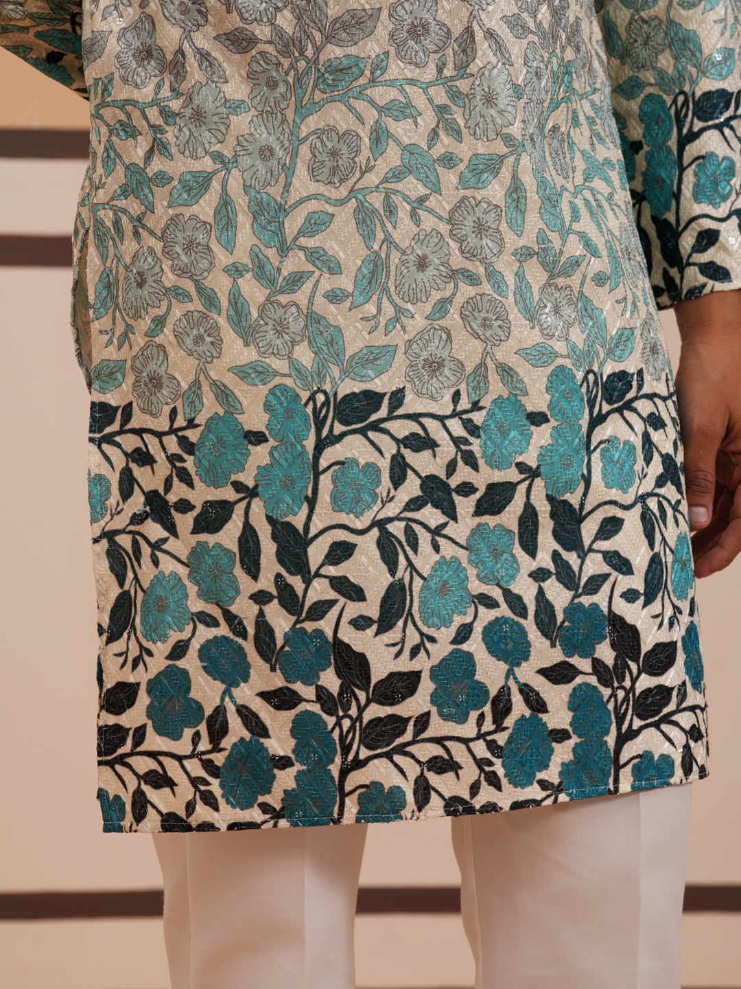 Men’s Printed Kurta Pyjama with Embroidered Detailing (65KP P 5349 Blue ) [FF] [Q-12-13]