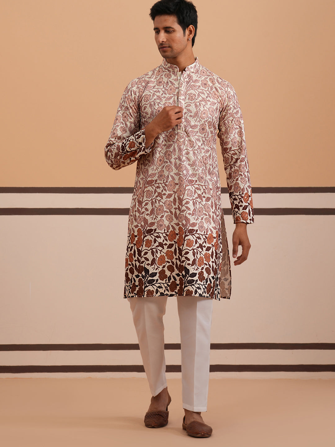 Men’s Printed Kurta Pyjama with Embroidered Detailing ( 65KP P 5349 P 5349Peach ) [FF] [Q-12-13]
