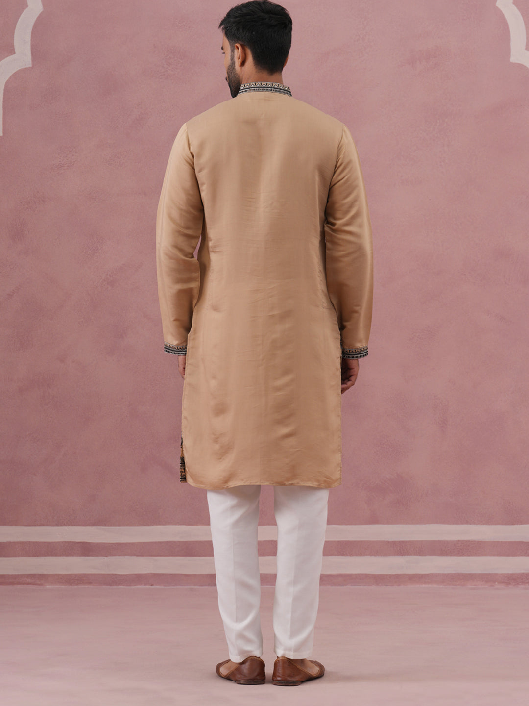 Men’s Silk Blend Embroidered Kurta Pyjama Set (65KP P 5350 Beige )