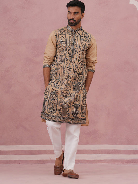 Men’s Silk Blend Embroidered Kurta Pyjama Set (65KP P 5350 Beige )