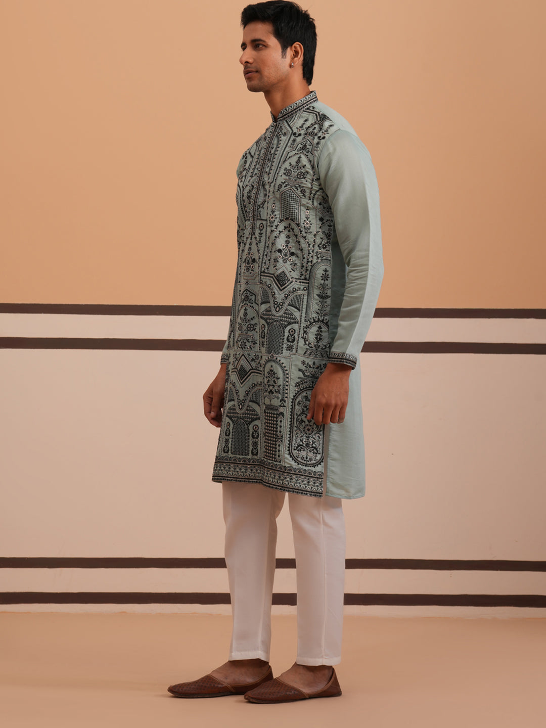 Men’s Silk Blend Embroidered Kurta Pyjama Set (65KP P 5350 Blue ) [FF] [A-1-4]