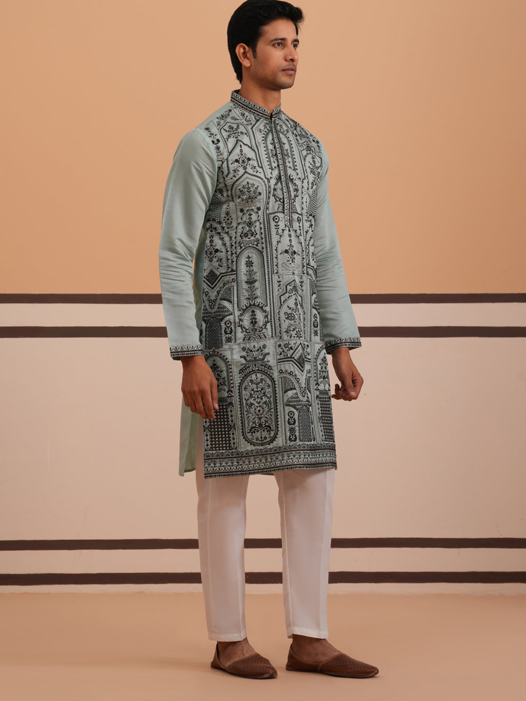 Men’s Silk Blend Embroidered Kurta Pyjama Set (65KP P 5350 Blue ) [FF] [A-1-4]