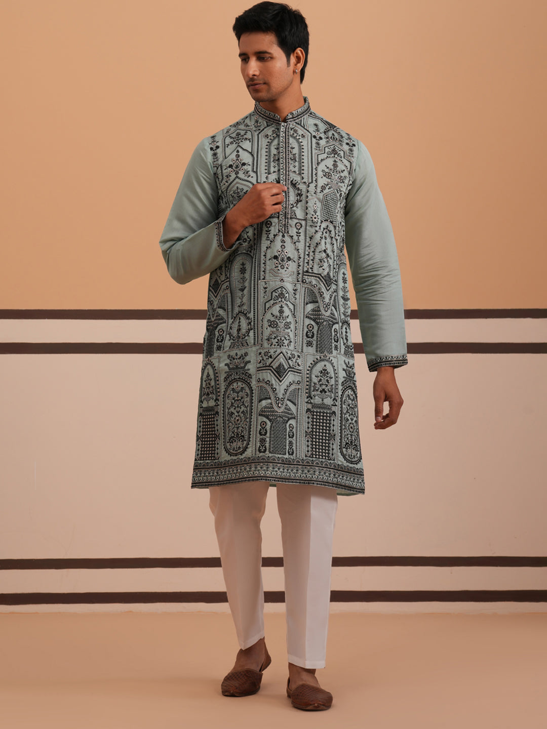 Men’s Silk Blend Embroidered Kurta Pyjama Set (65KP P 5350 Blue ) [FF] [A-1-4]