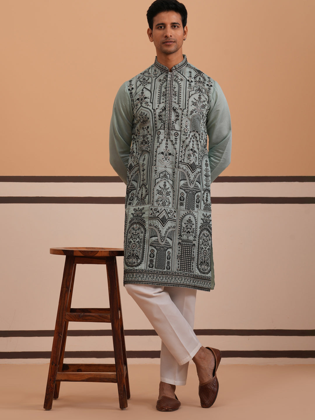 Men’s Silk Blend Embroidered Kurta Pyjama Set (65KP P 5350 Blue ) [FF] [A-1-4]