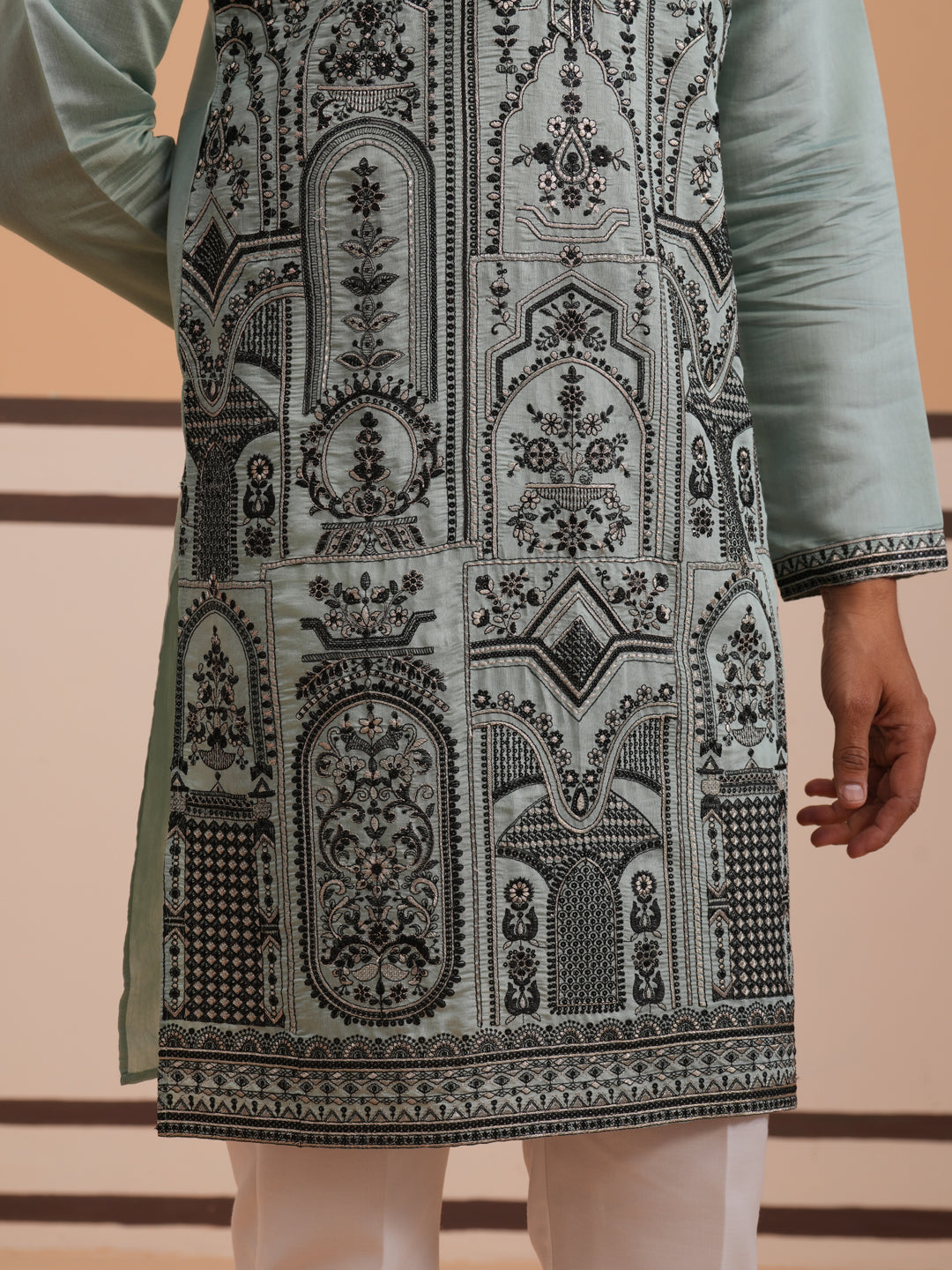 Men’s Silk Blend Embroidered Kurta Pyjama Set (65KP P 5350 Blue ) [FF] [A-1-4]