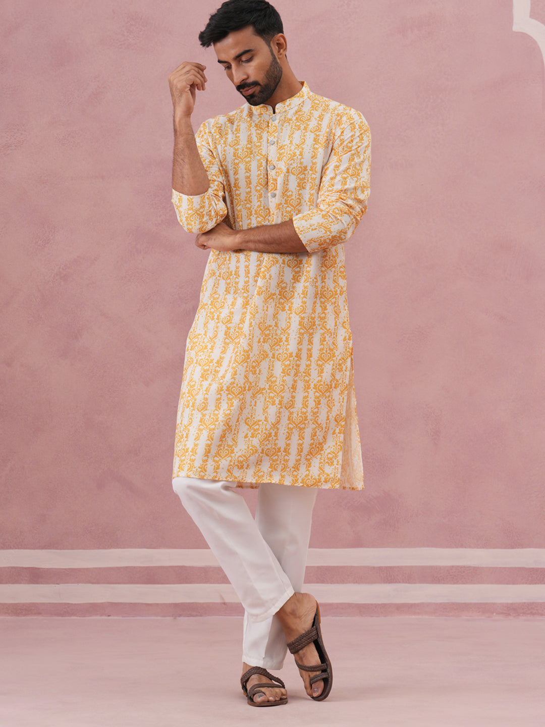 Yellow Ethnic Printed Kurta for Men (65KP P 5352 Yellow ) [FF] [F-2-3]