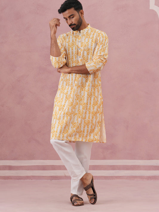 Yellow Ethnic Printed Kurta for Men (65KP P 5352 Yellow ) [FF] [F-2-3]