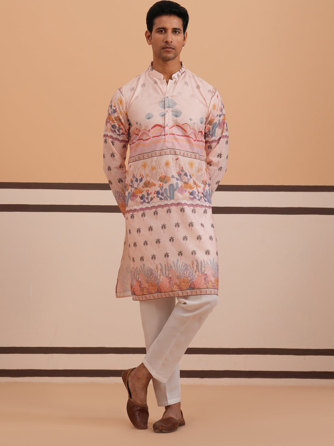 Men’s Cotton Blend Festive Printed Kurta Set ( 65KP P 5353 P 5353Peach ) [FF] [A-1-4]