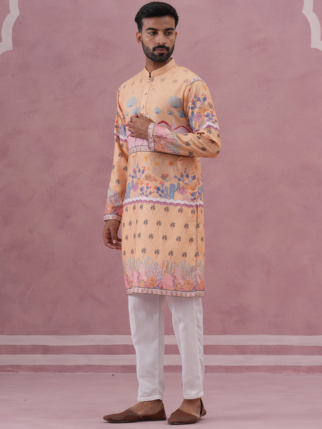 Men’s Cotton Blend Festive Printed Kurta Set (65KP P 5353 Yellow ) [FF] [A-1-4]