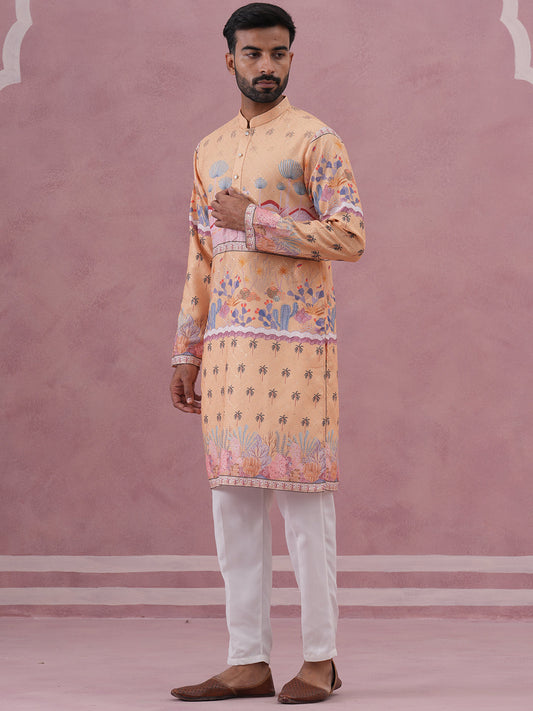 Men’s Cotton Blend Festive Printed Kurta Set (65KP P 5353 Yellow ) [FF] [A-1-4]