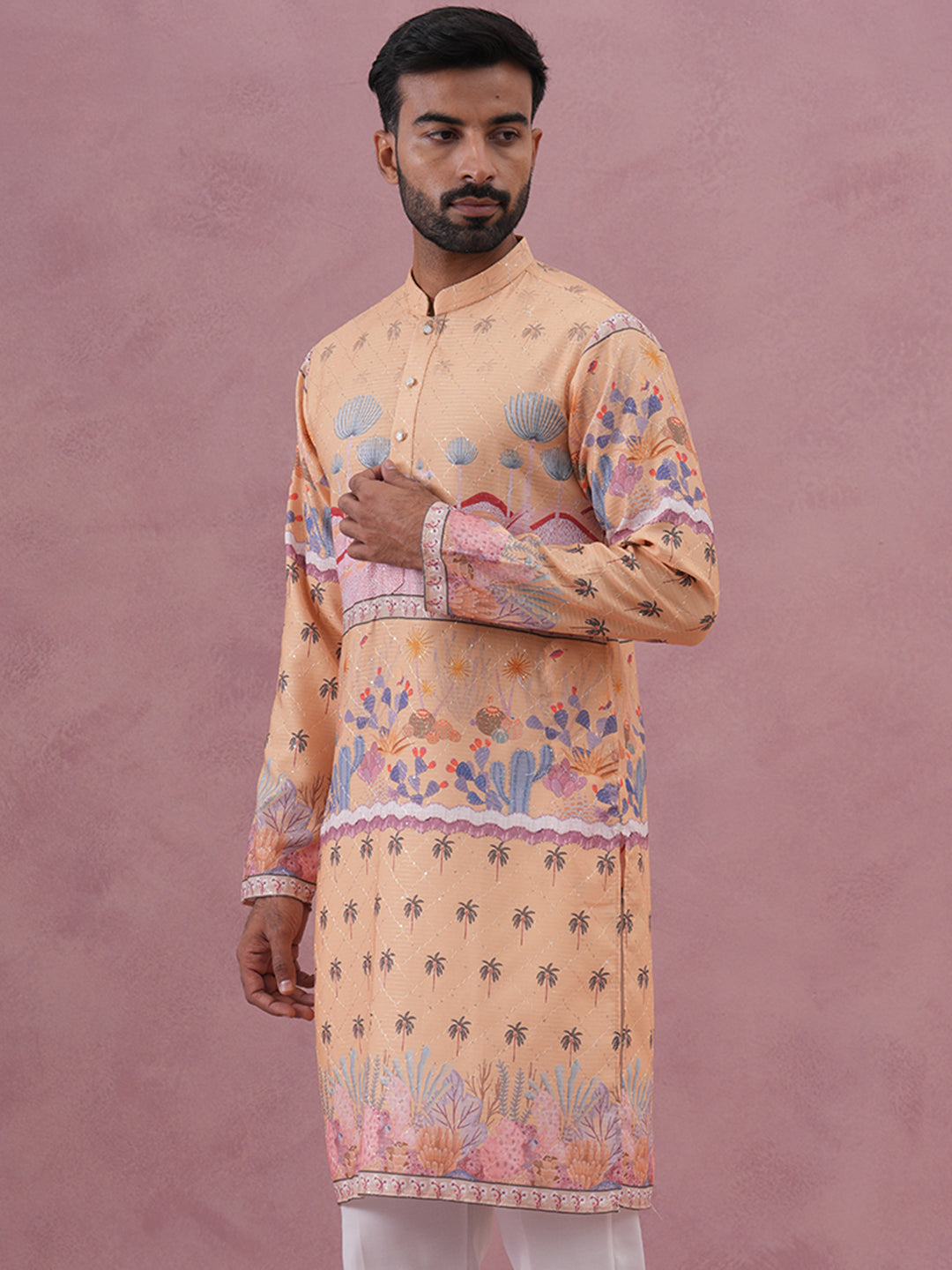 Men’s Cotton Blend Festive Printed Kurta (65KO 5353 Yellow ) [FF] [A-1-4]