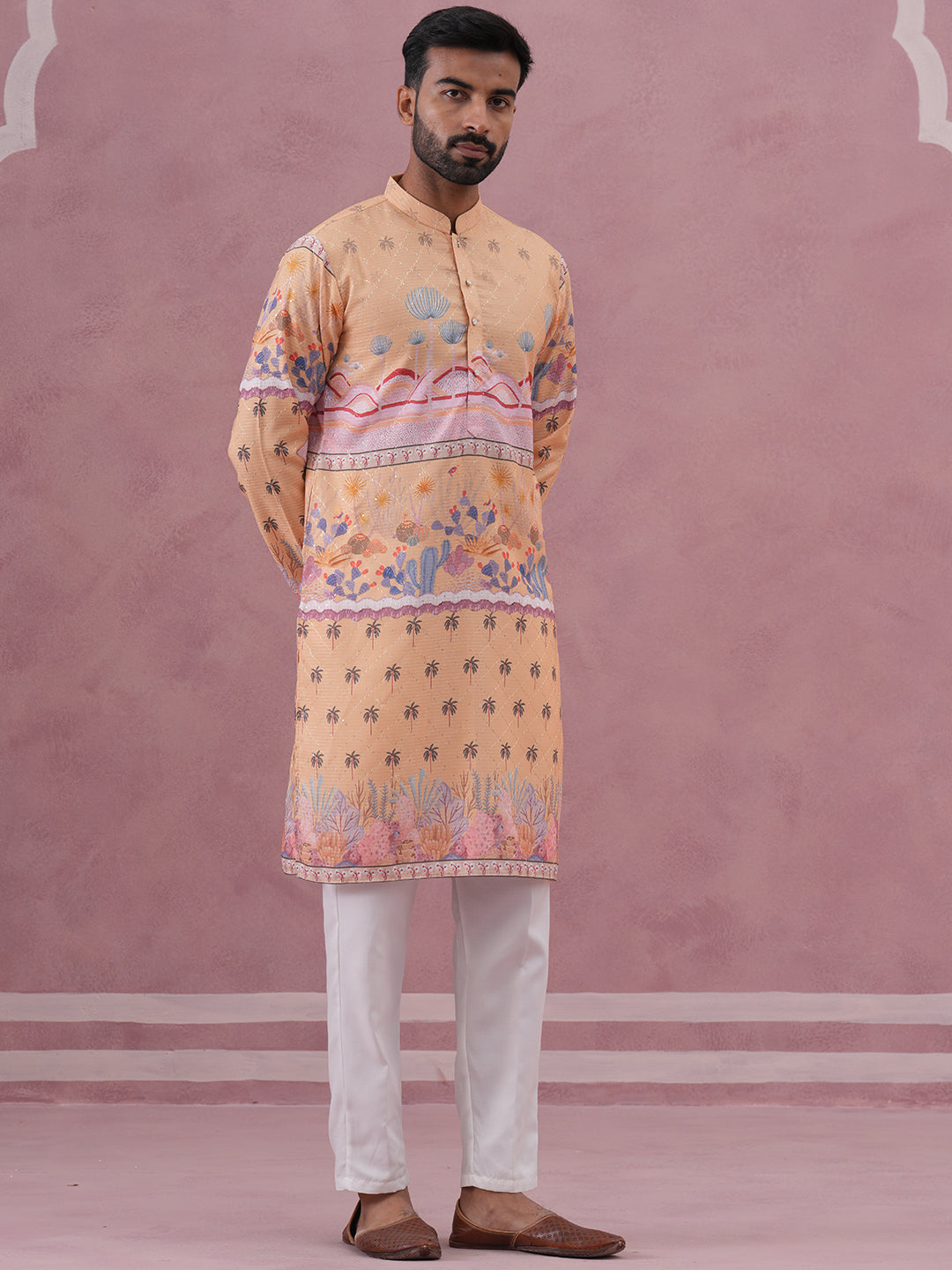 Men’s Cotton Blend Festive Printed Kurta Set (65KP P 5353 Yellow ) [FF] [A-1-4]