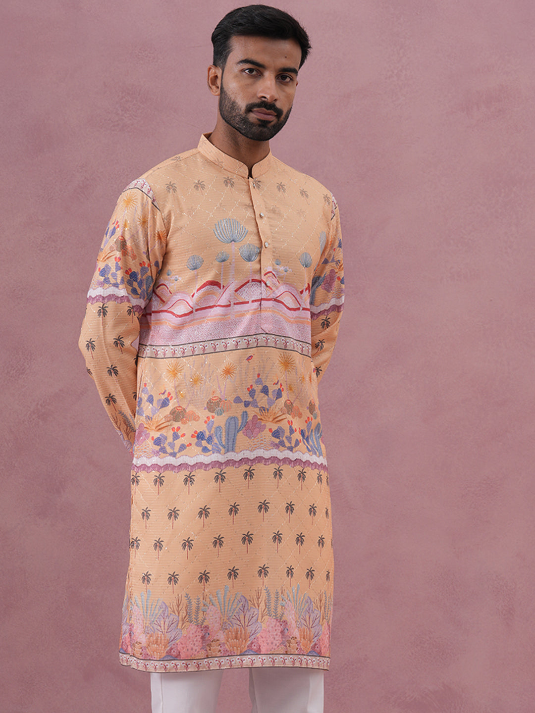 Men’s Cotton Blend Festive Printed Kurta (65KO 5353 Yellow ) [FF] [A-1-4]