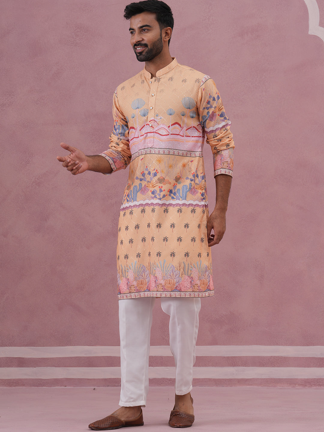 Men’s Cotton Blend Festive Printed Kurta Set (65KP P 5353 Yellow ) [FF] [A-1-4]