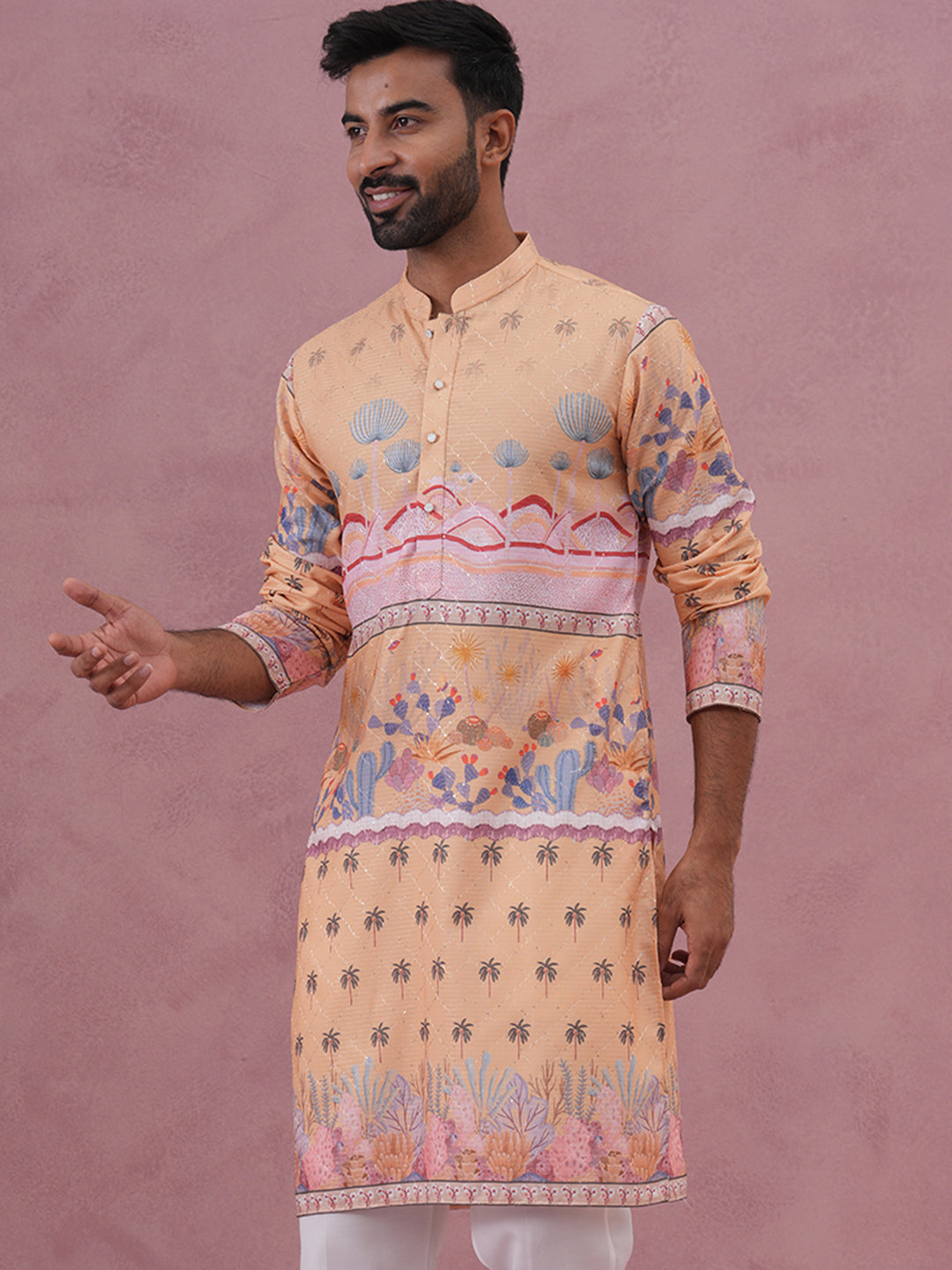 Men’s Cotton Blend Festive Printed Kurta (65KO 5353 Yellow ) [FF] [A-1-4]
