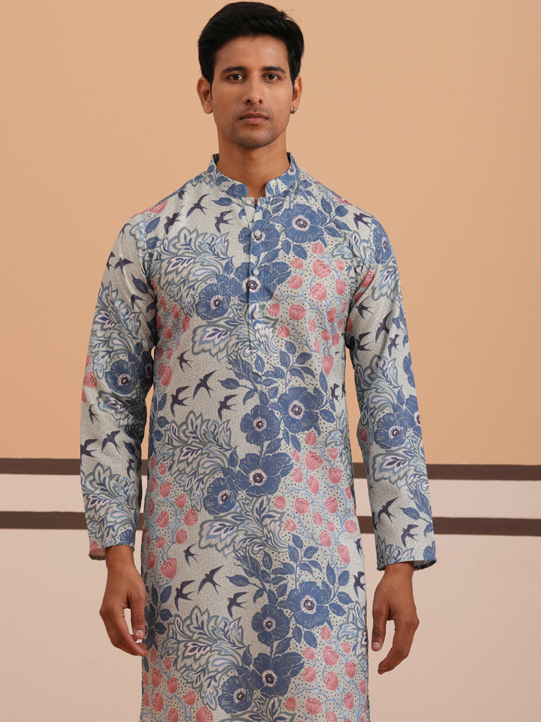 Men’s Printed Cotton Blend Kurta Pyjama (65KP P 5354 Blue ) [FF] [D-1]