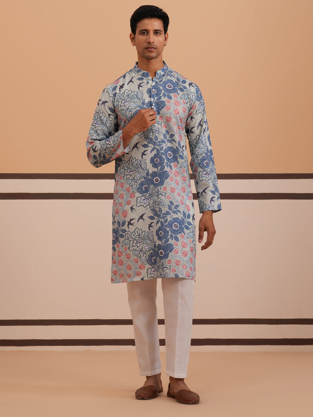 Men’s Printed Cotton Blend Kurta Pyjama (65KP P 5354 Blue ) [FF] [D-1]