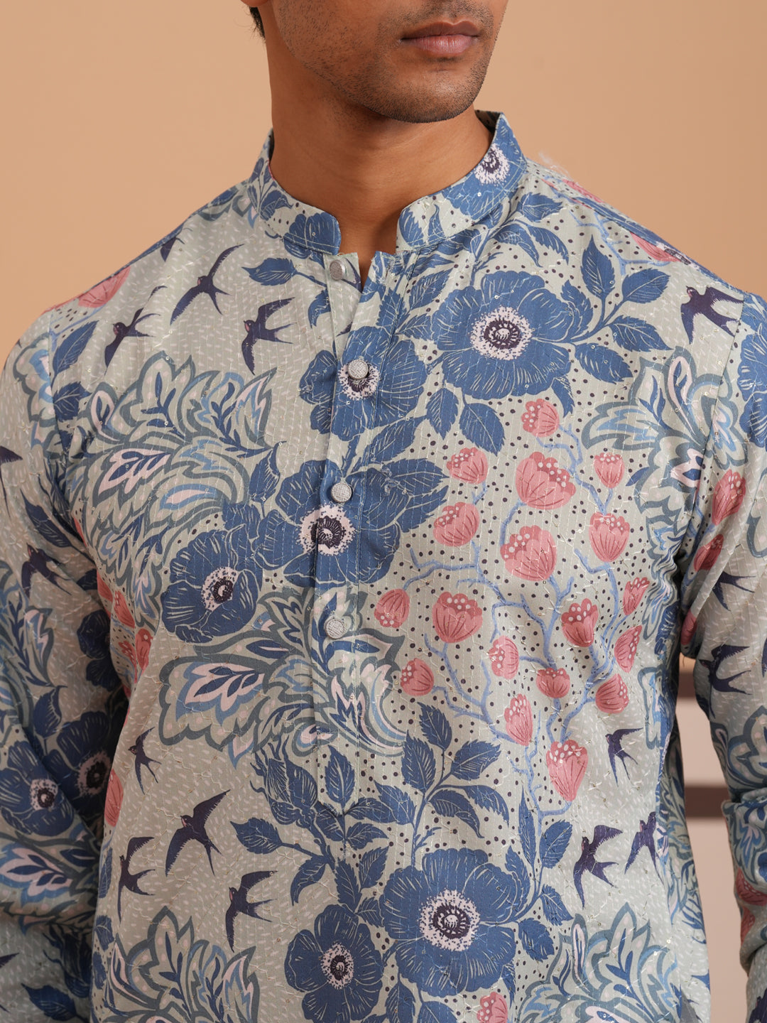 Men’s Printed Cotton Blend Kurta Pyjama (65KP P 5354 Blue ) [FF] [D-1]