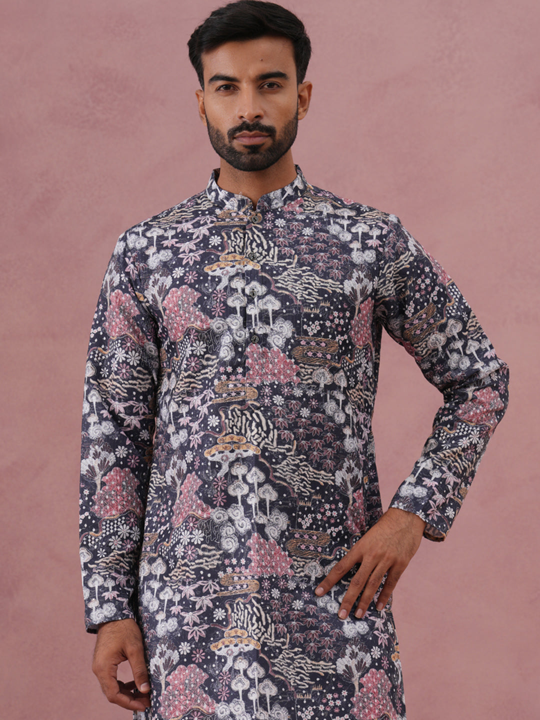 Men’s Printed Cotton Blend Kurta Pyjama (65KP P 5354 Grey ) [FF] [D-1]