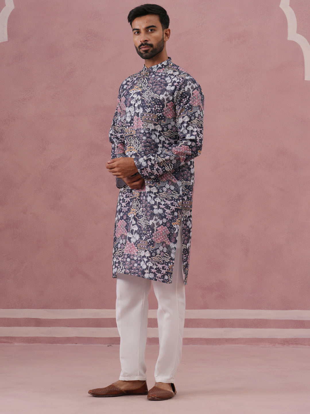 Men’s Printed Cotton Blend Kurta Pyjama (65KP P 5354 Grey ) [FF] [D-1]