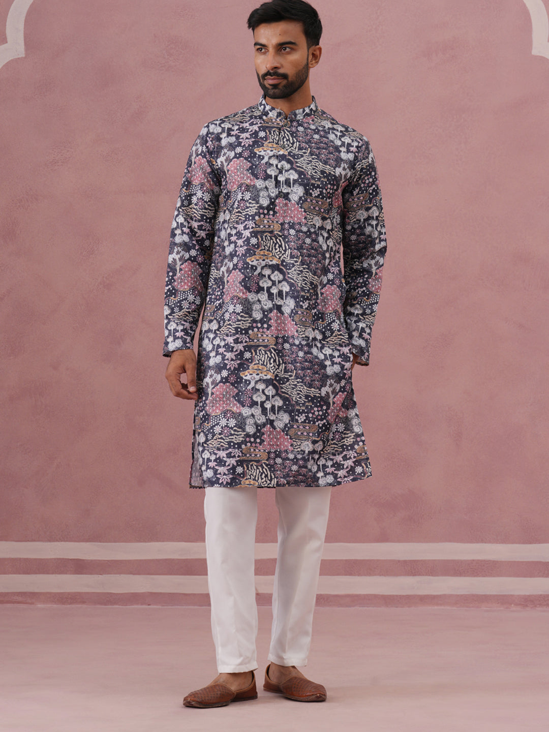Men’s Printed Cotton Blend Kurta Pyjama (65KP P 5354 Grey ) [FF] [D-1]