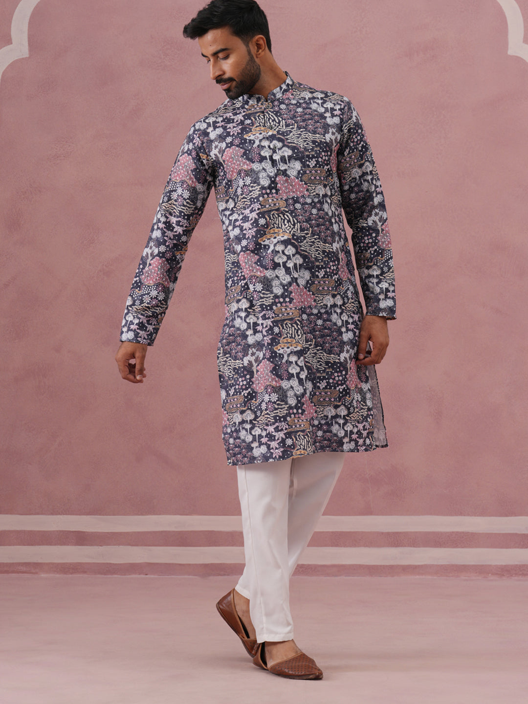 Men’s Printed Cotton Blend Kurta Pyjama (65KP P 5354 Grey ) [FF] [D-1]