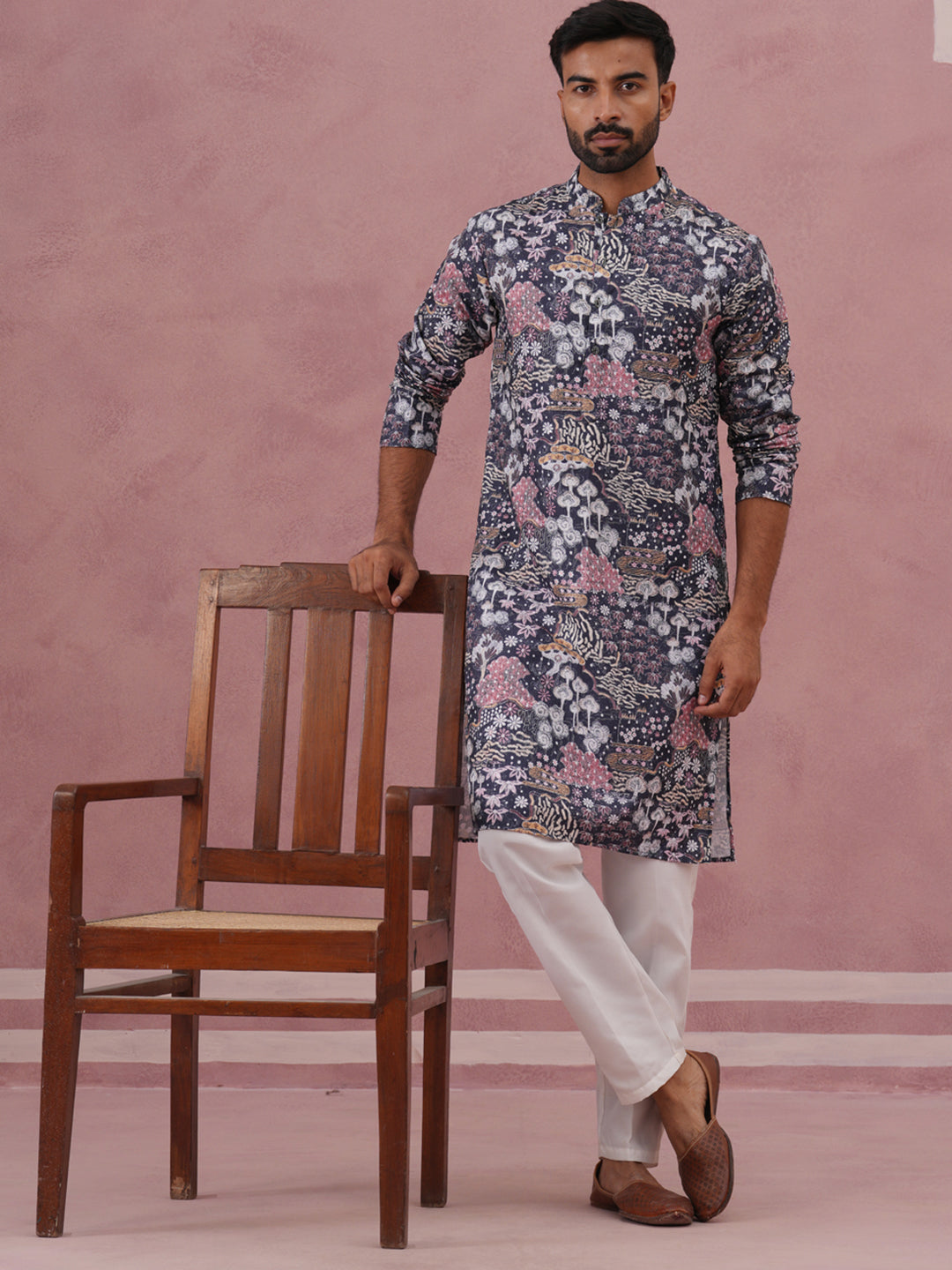 Men’s Printed Cotton Blend Kurta Pyjama (65KP P 5354 Grey ) [FF] [D-1]