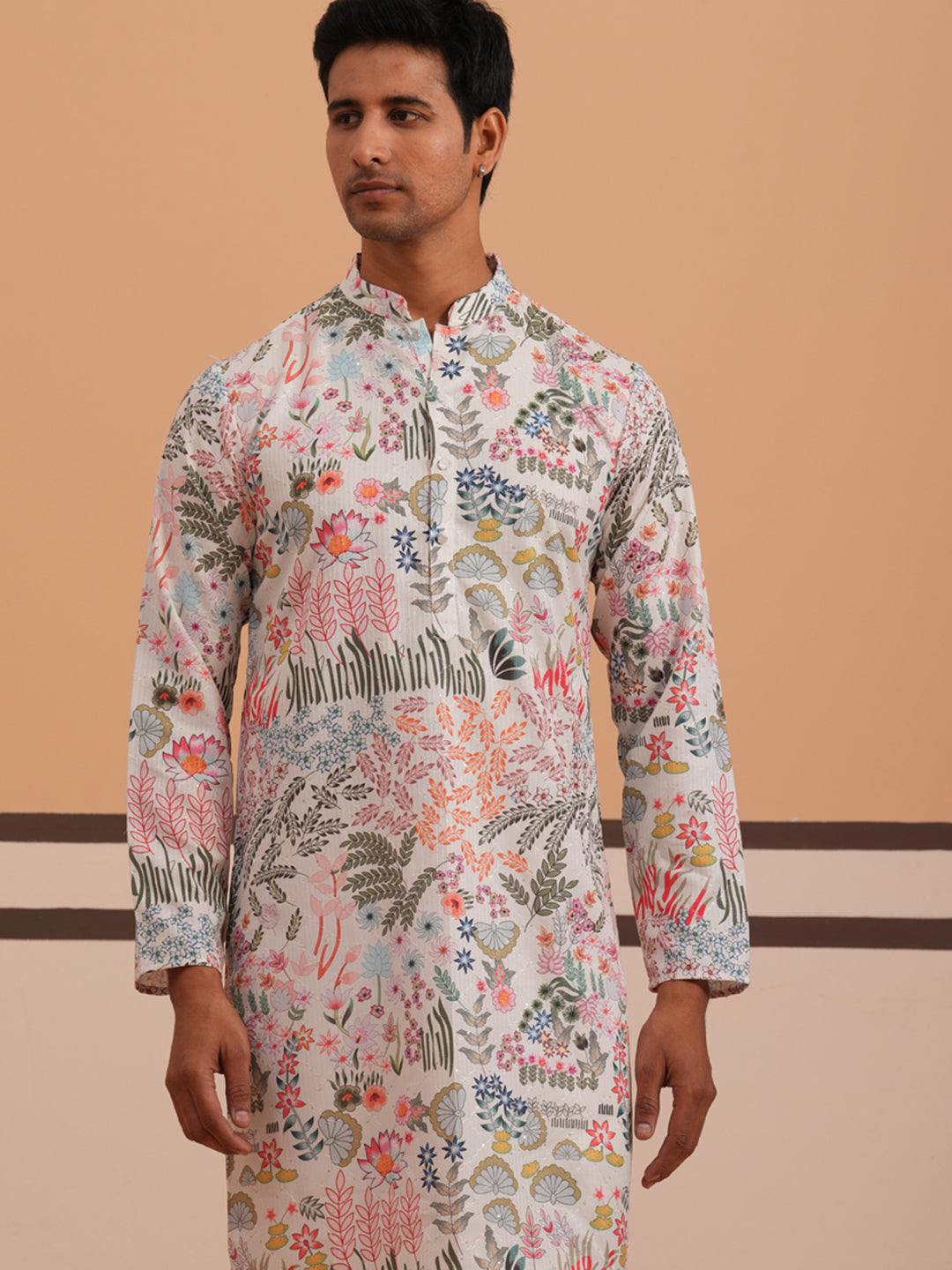 Men’s Printed Cotton Blend Kurta Pyjama (65KP P 5354 White ) [FF] [D-1]