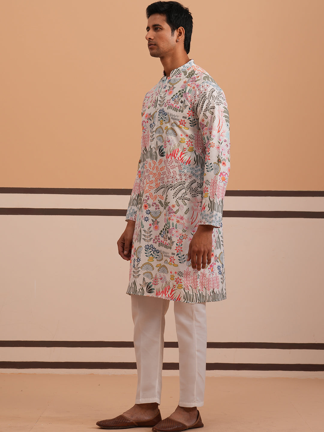 Men’s Printed Cotton Blend Kurta Pyjama (65KP P 5354 White ) [FF] [D-1]