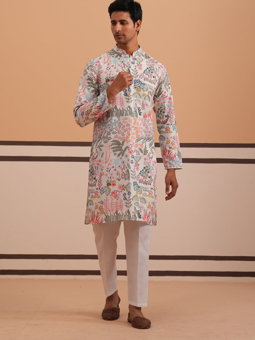 Men’s Printed Cotton Blend Kurta Pyjama (65KP P 5354 White ) [FF] [D-1]