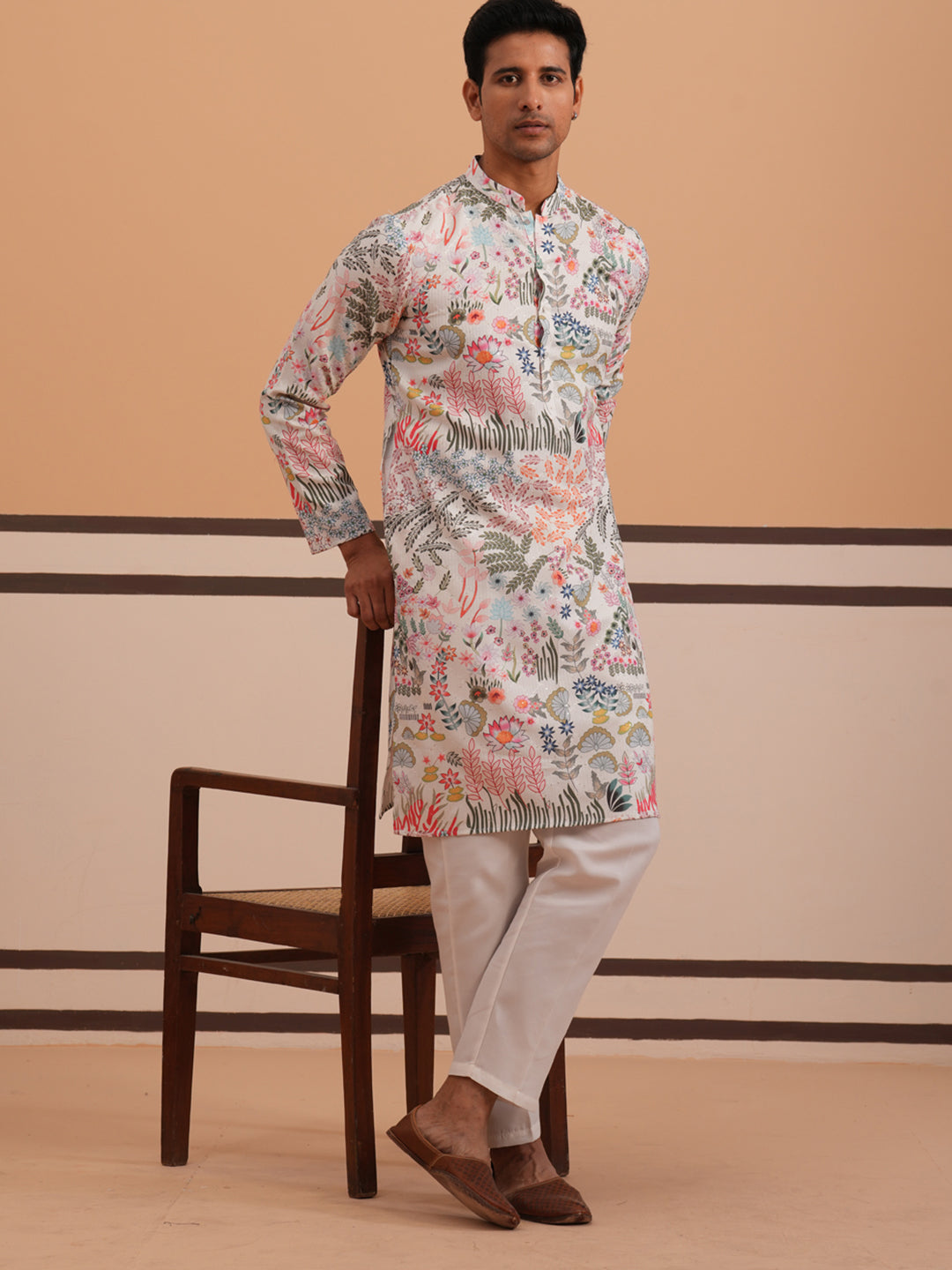 Men’s Printed Cotton Blend Kurta Pyjama (65KP P 5354 White ) [FF] [D-1]