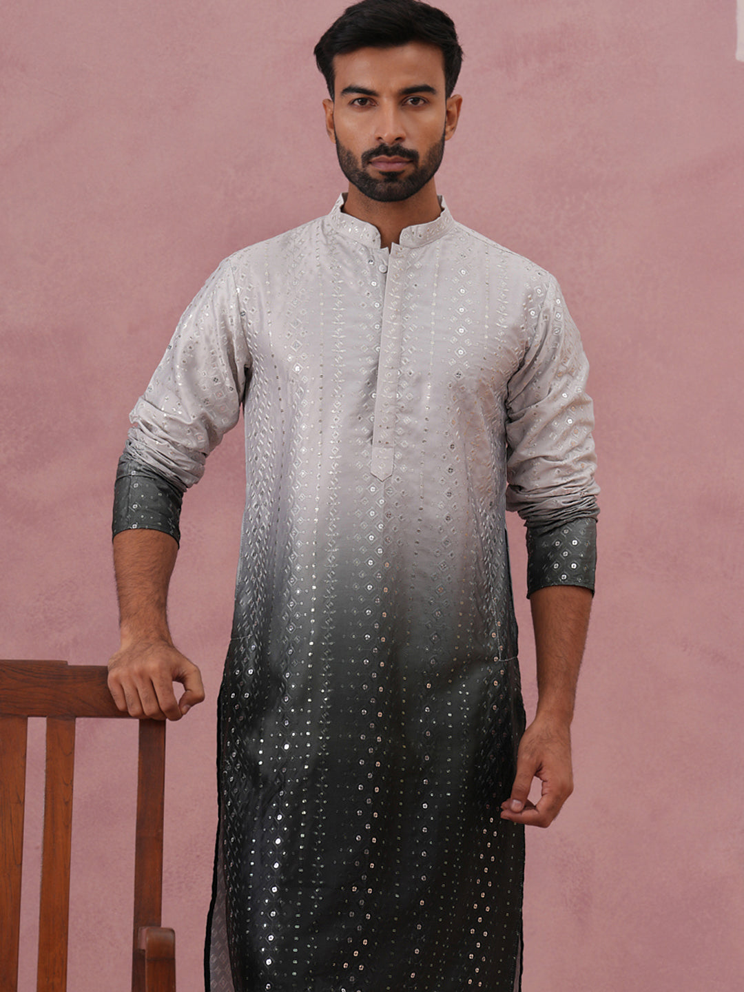 Ombre Silk Blend Kurta Pyjama Set with Sequin Work (65KP P 5357 Grey ) [FF] [Q-12-13]