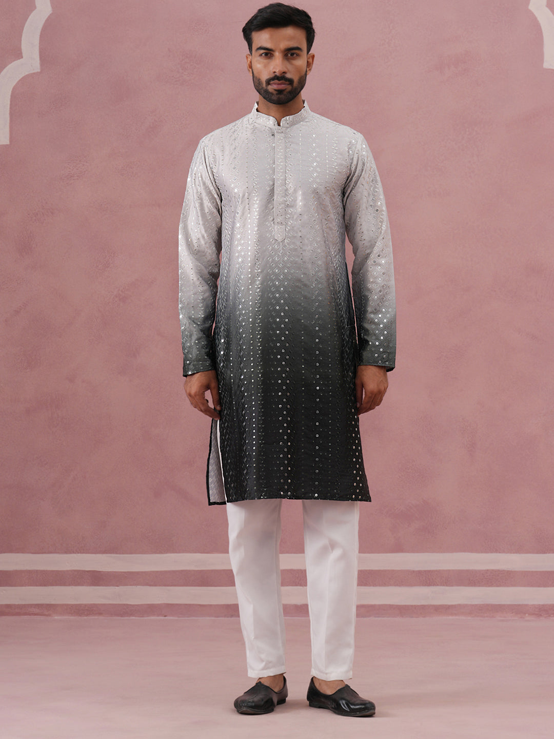Ombre Silk Blend Kurta Pyjama Set with Sequin Work (65KP P 5357 Grey ) [FF] [Q-12-13]