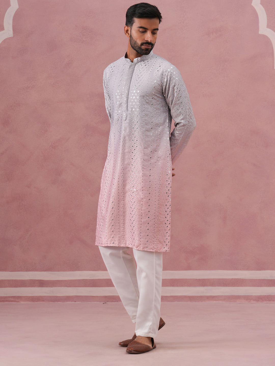 Ombre Silk Blend Kurta Pyjama Set with Sequin Work ( 65KP P 5357 P 5357Peach ) [FF] [Q-12-13]