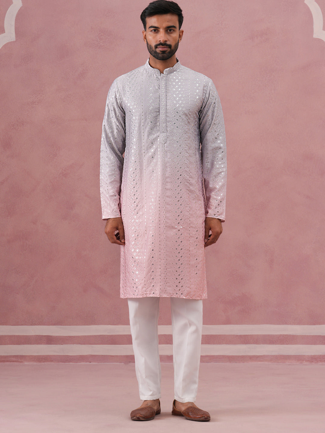 Ombre Silk Blend Kurta Pyjama Set with Sequin Work ( 65KP P 5357 P 5357Peach ) [FF] [Q-12-13]