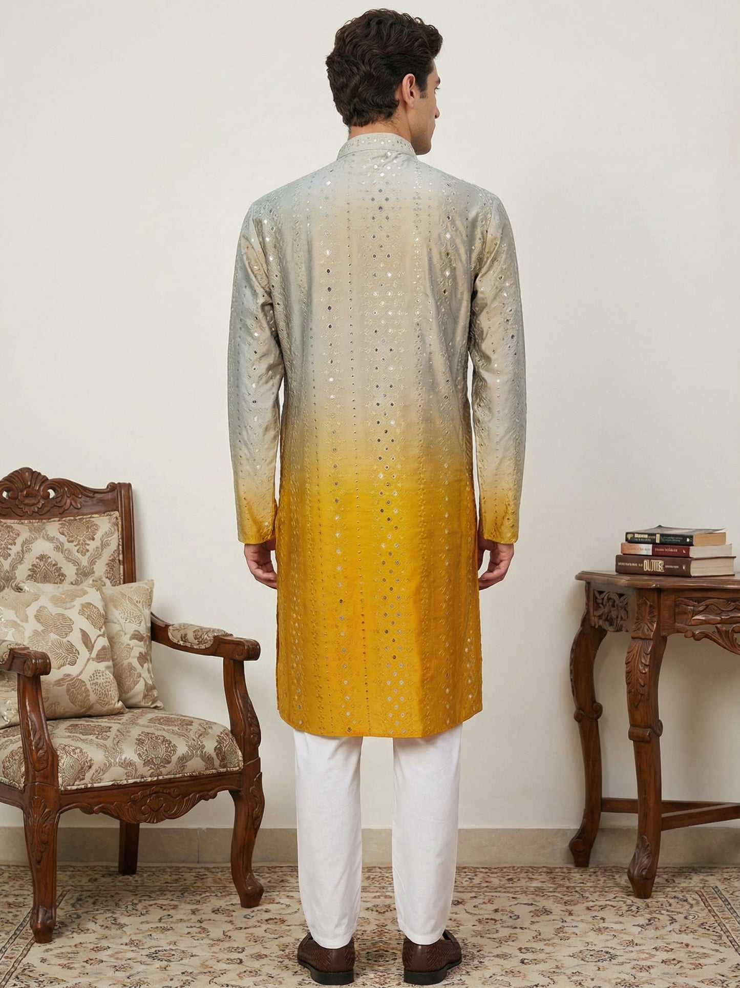 Ombre Silk Blend Kurta Pyjama Set with Sequin Work ( 65KP P 5357Yellow S ) [FF] [Q-12-13]