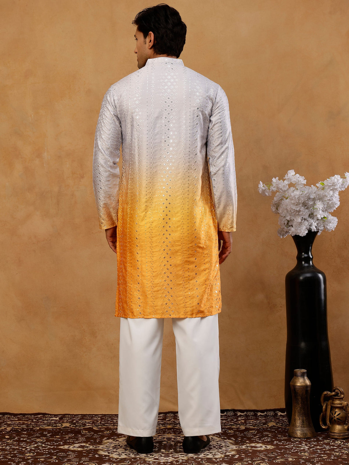 Ombre Silk Blend Sequin Kurta with Korean Pants ( 65KP PJ11W S 5357 Yellow )