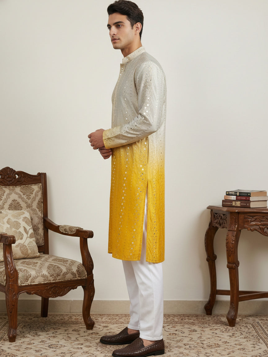 Ombre Silk Blend Kurta Pyjama Set with Sequin Work ( 65KP P 5357Yellow S ) [FF] [Q-12-13]