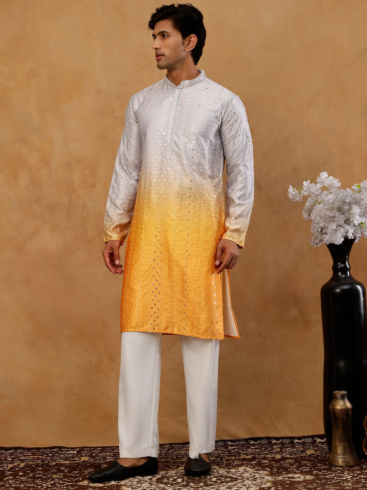Ombre Silk Blend Sequin Kurta with Korean Pants ( 65KP PJ11W S 5357 Yellow )