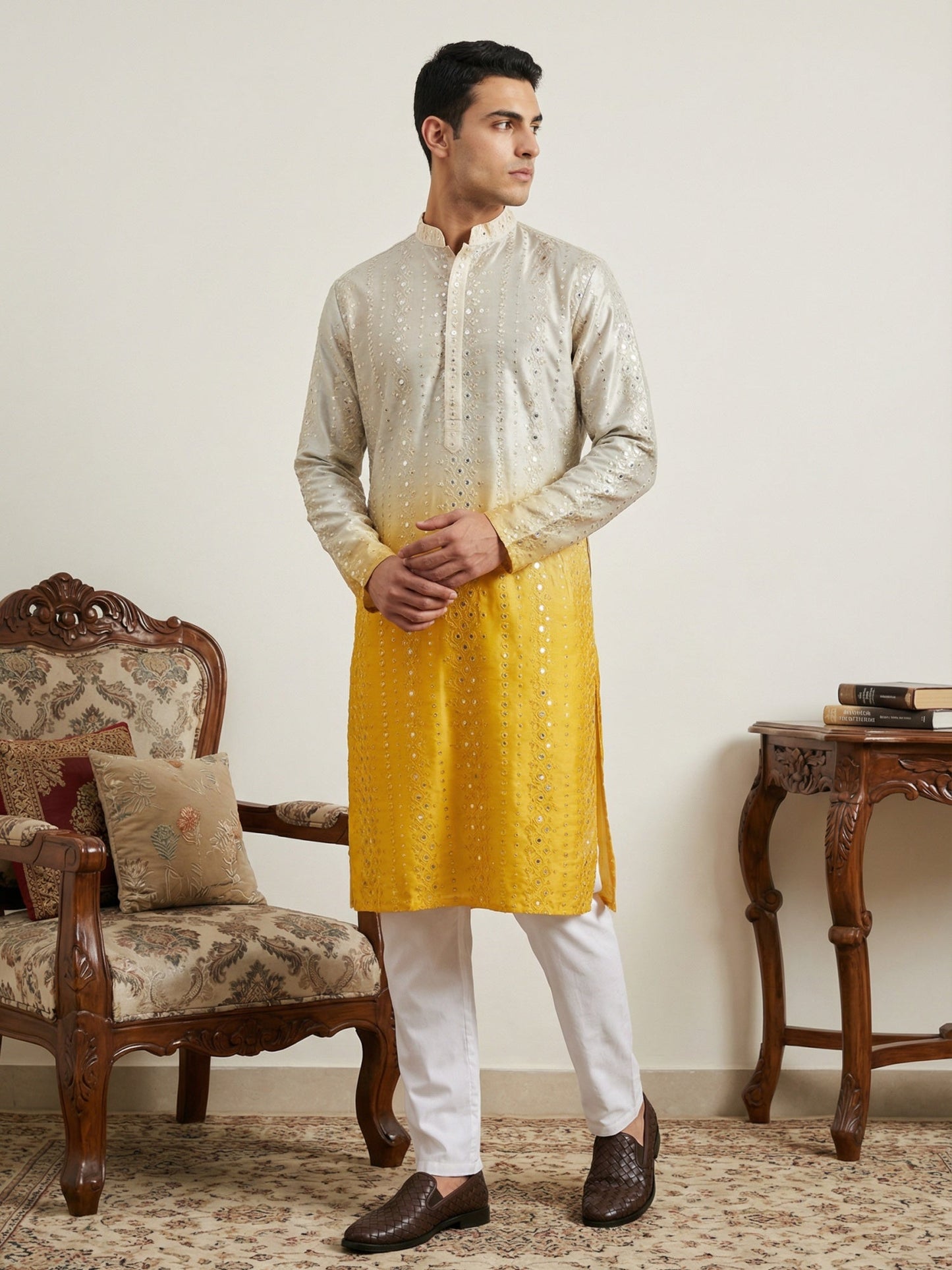 Ombre Silk Blend Kurta Pyjama Set with Sequin Work ( 65KP P 5357Yellow S ) [FF] [Q-12-13]