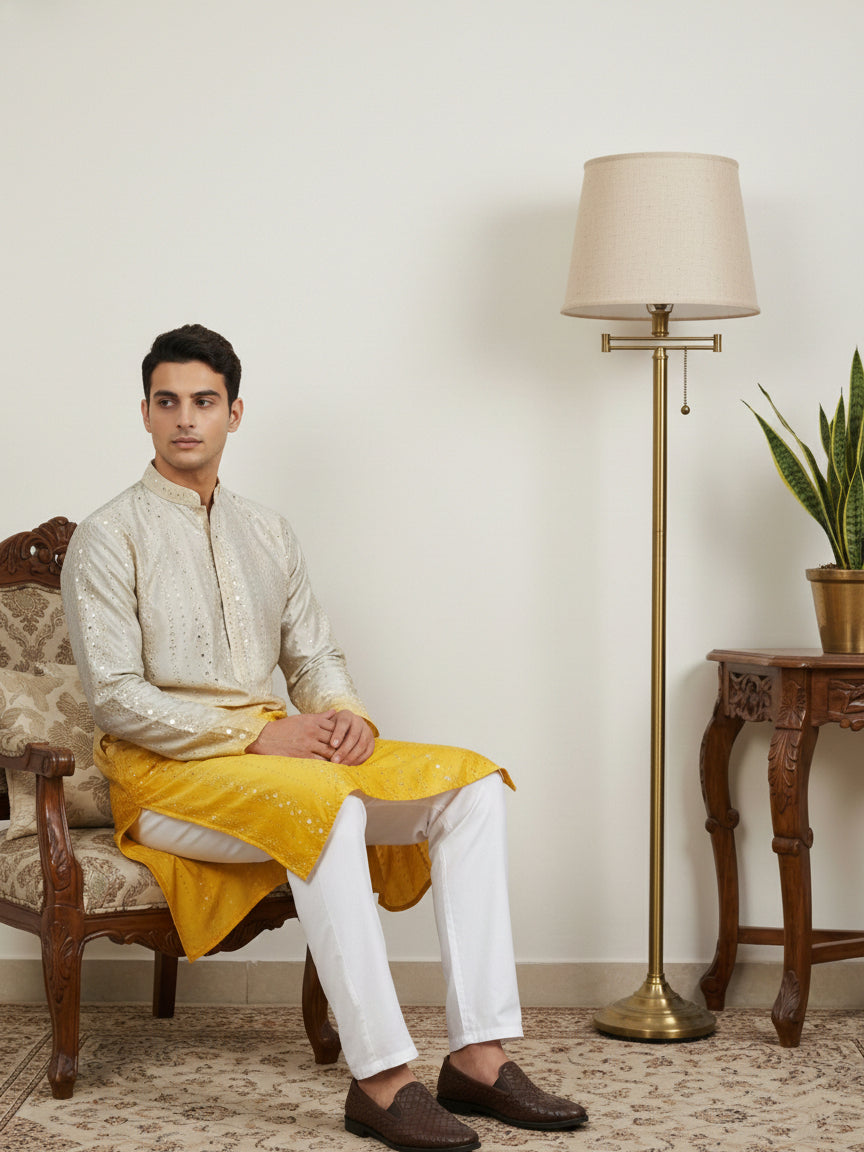 Ombre Silk Blend Kurta Pyjama Set with Sequin Work ( 65KP P 5357Yellow S ) [FF] [Q-12-13]