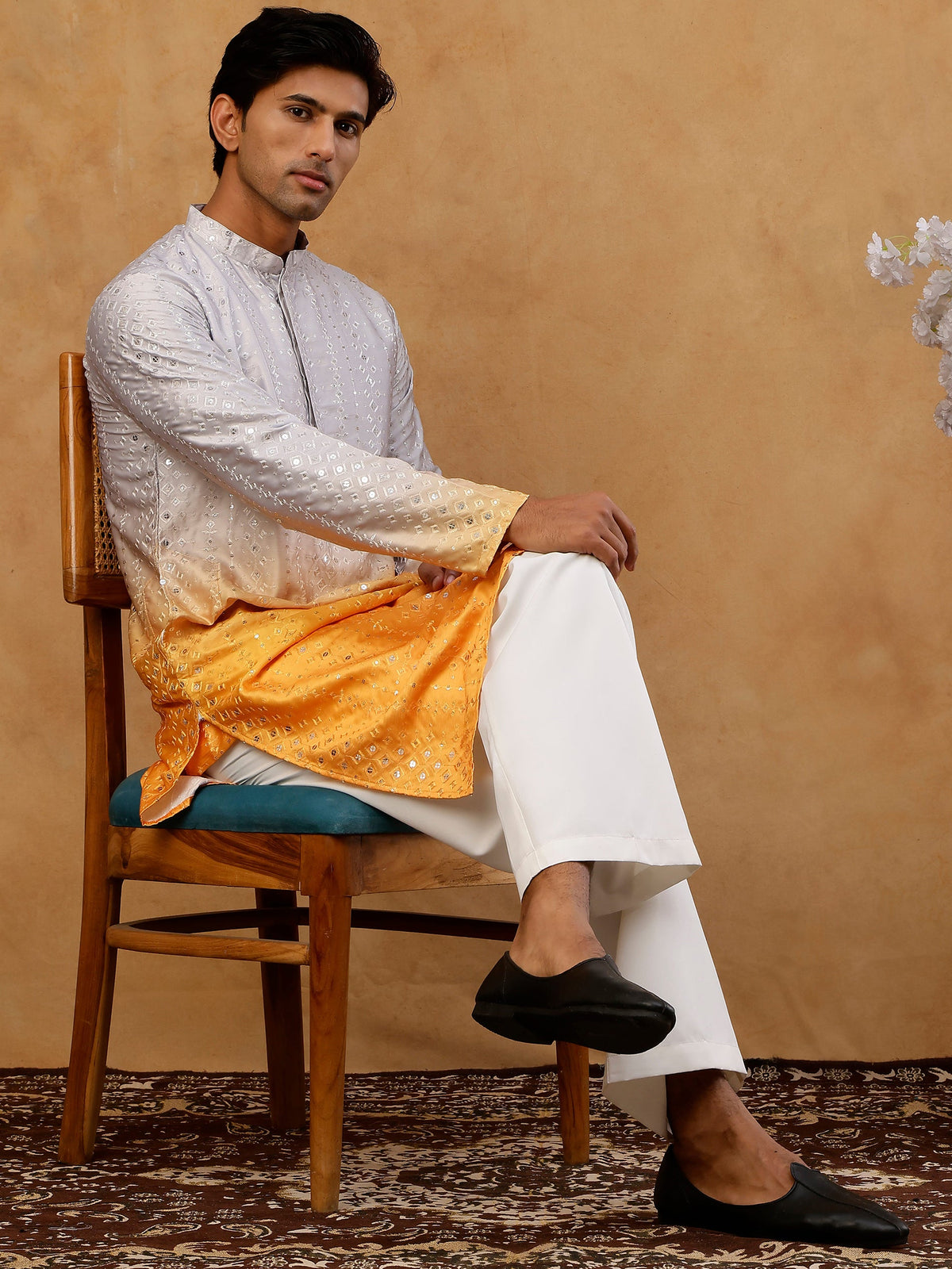 Ombre Silk Blend Sequin Kurta with Korean Pants ( 65KP PJ11W S 5357 Yellow )