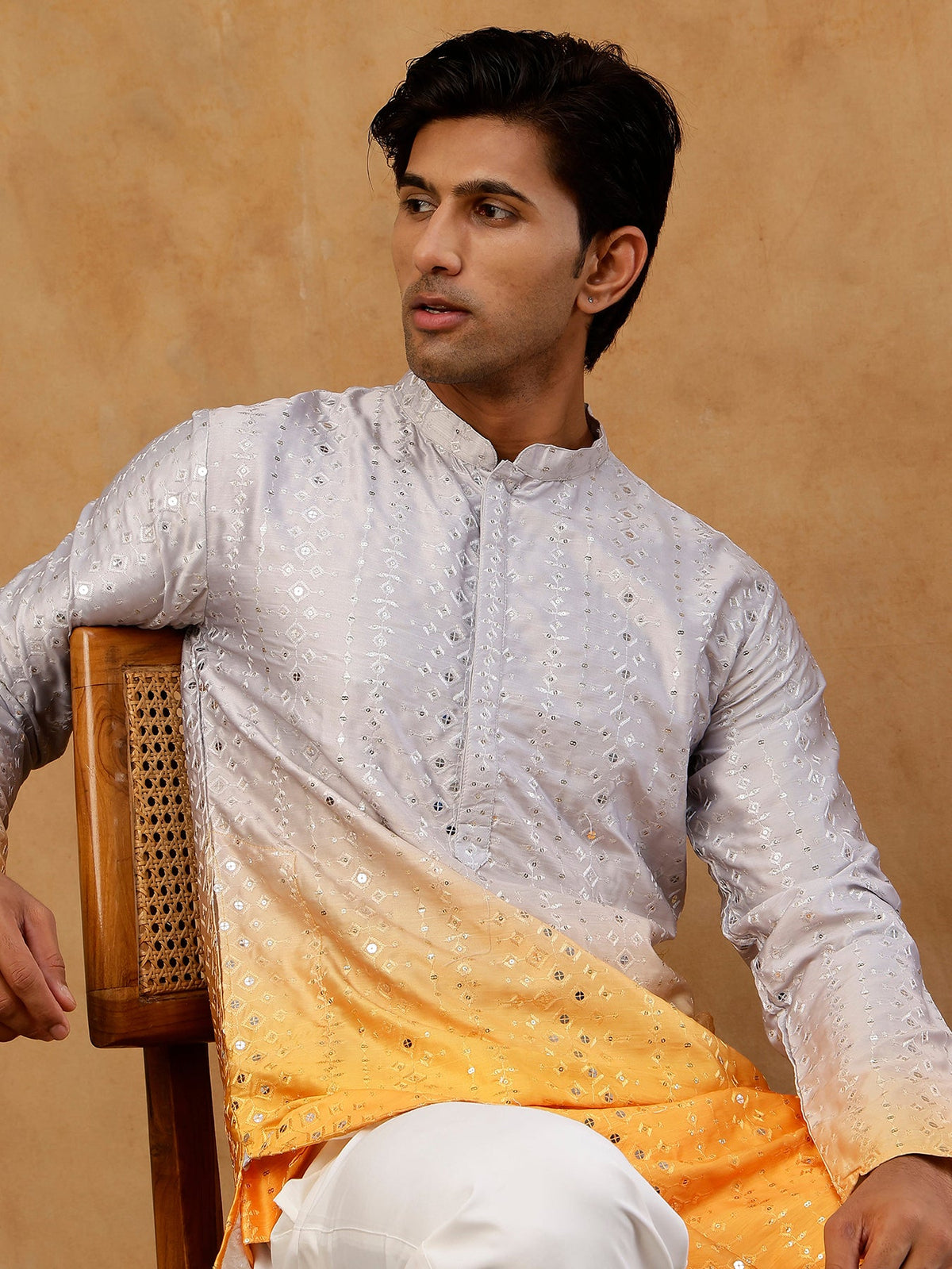 Ombre Silk Blend Sequin Kurta with Korean Pants ( 65KP PJ11W S 5357 Yellow )
