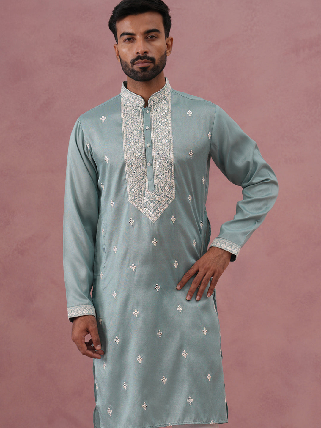 Men's Festive Cotton Blend Kurta Pyjama (65KP P 5360 Blue ) [FF] [A-1-4]