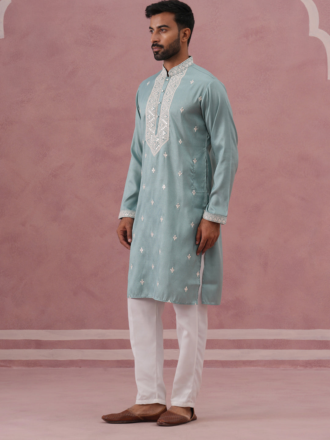 Men's Festive Cotton Blend Kurta Pyjama (65KP P 5360 Blue ) [FF] [A-1-4]
