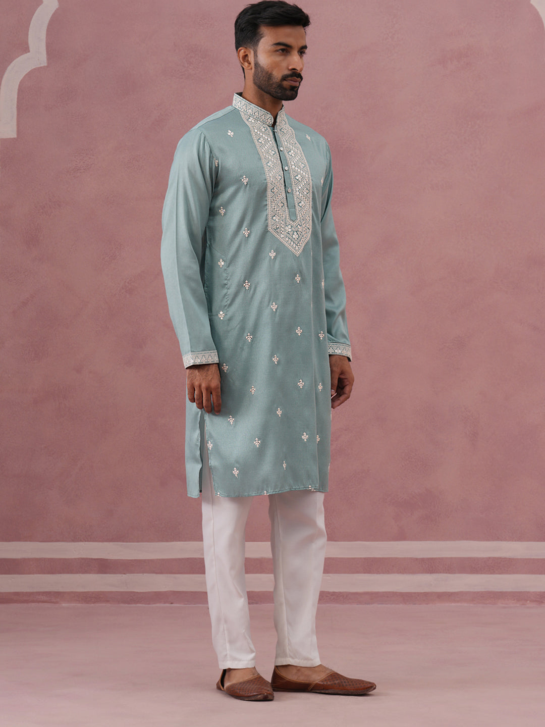 Men's Festive Cotton Blend Kurta Pyjama (65KP P 5360 Blue ) [FF] [A-1-4]