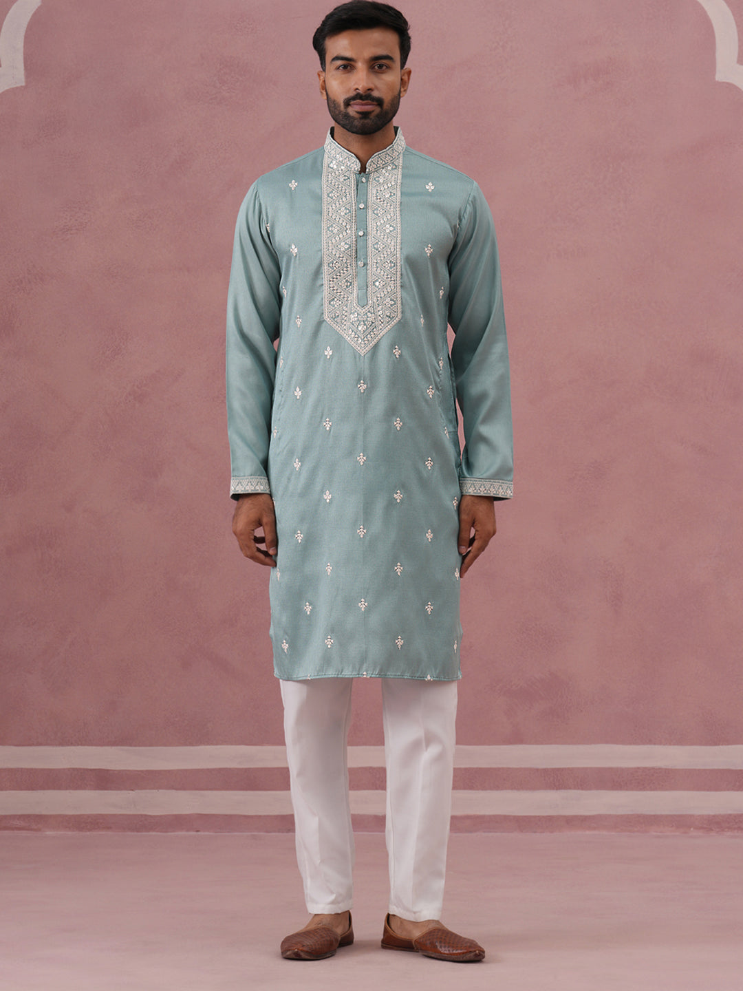 Men's Festive Cotton Blend Kurta Pyjama (65KP P 5360 Blue ) [FF] [A-1-4]