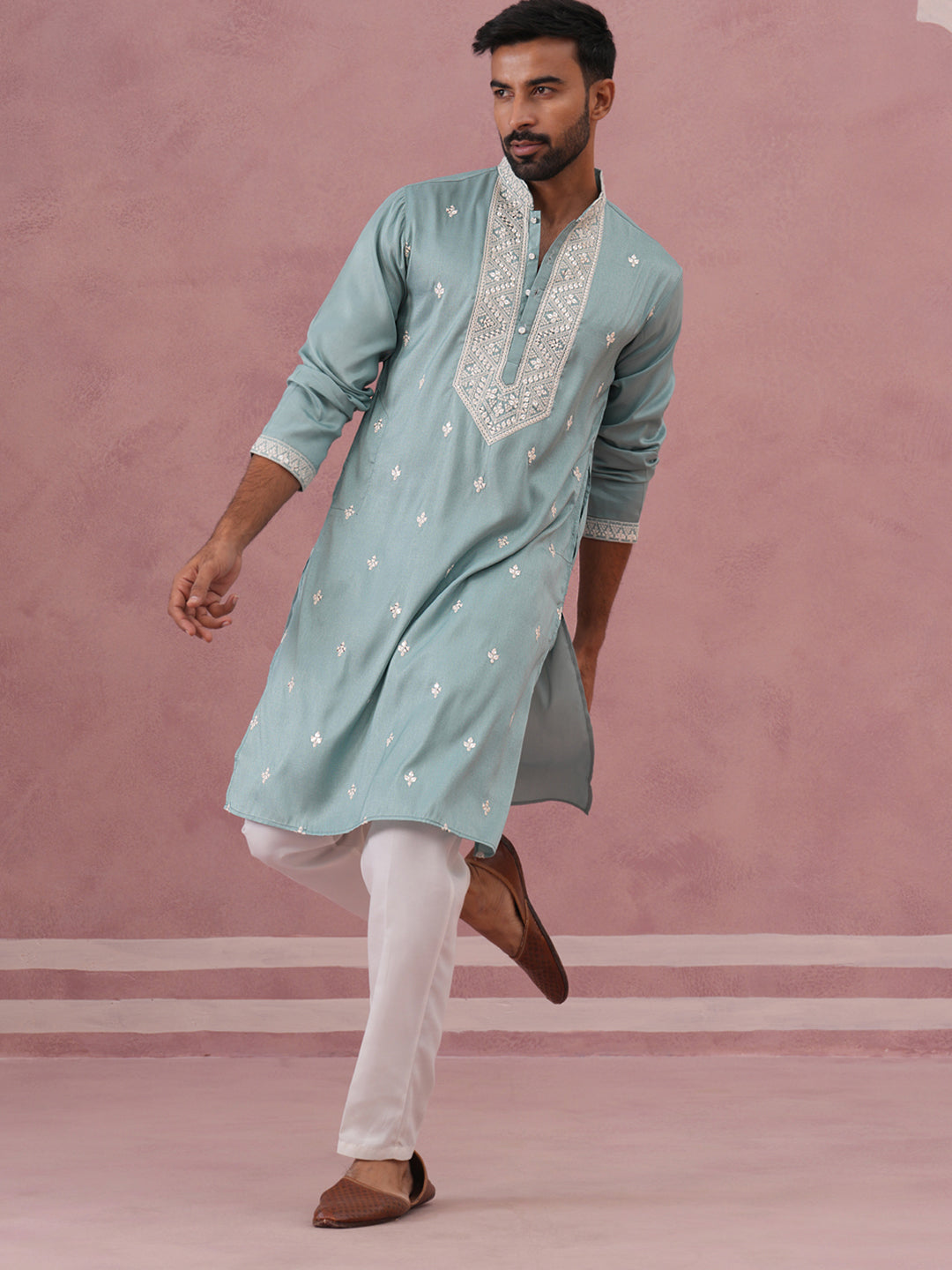 Men's Festive Cotton Blend Kurta Pyjama (65KP P 5360 Blue ) [FF] [A-1-4]